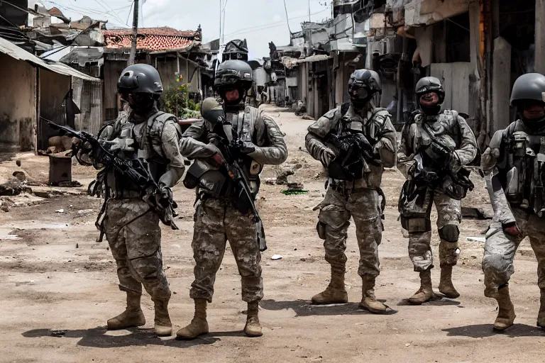 Image similar to Mercenary Special Forces soldiers in grey uniforms with black armored vest and black helmets in urban warfare in Cambodia 2022, Canon EOS R3, f/1.4, ISO 200, 1/160s, 8K, RAW, unedited, symmetrical balance, in-frame, combat photography