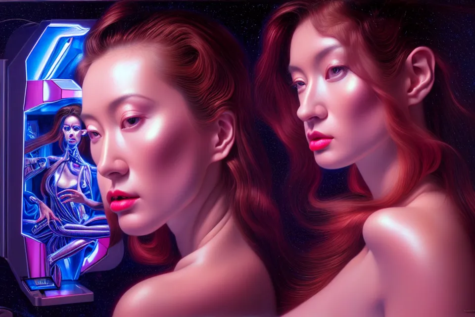 Image similar to beauty woman in holograms of alien artifacts, electrical case display, total recall tech, , ultrarealistic, dramatic lighting, electrical details, high details, 4k, 8k, best, accurate, trending on artstation, artstation, photorealism, ultrarealistic, digital painting, style of Tristan Eaton Stanley Artgerm and Hajime Sorayama, Caravaggio, Boris Vallejo