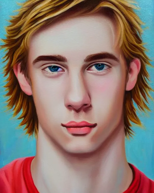 Prompt: awkward cute blond man who is awkward and is also awkward, feminine man, handsome and attractive, cute face, thin, short, very detailed oil painting, oil on canvas