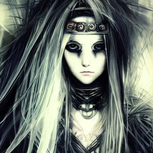 Image similar to yoshitaka amano blurred and dreamy illustration of an anime girl with pirate eye patch, wavy white hair and cracks on her face wearing elden ring armour with the cape fluttering in the wind, abstract black and white patterns on the background, noisy film grain effect, highly detailed, renaissance oil painting, weird portrait angle