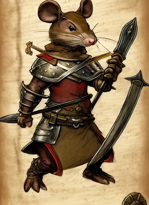 Image similar to a heroic mouse knight with sword and shield on a parchment background, redwall, greg rutowski and jean baptiste monge, detailed, epic fantasy concept art, full body