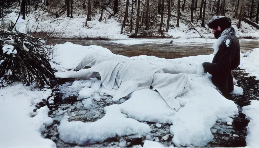 Image similar to 1 9 6 0 s movie still of marcus aurelius frozen to death under the snow by the side of a river with gravel, pine forests, cinestill 8 0 0 t 3 5 mm, high quality, heavy grain, high detail, texture, dramatic light, anamorphic, hyperrealistic, detailed hair, foggy