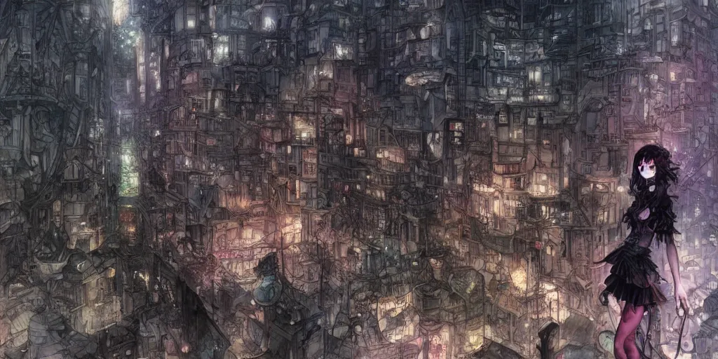 Image similar to goth woman in front of city, color page, tankoban, 4 k, tone mapping, akihiko yoshida, james jean andrei riabovitchev marc simonetti, yoshitaka amano, long hair, curly, h. hydrochaeri