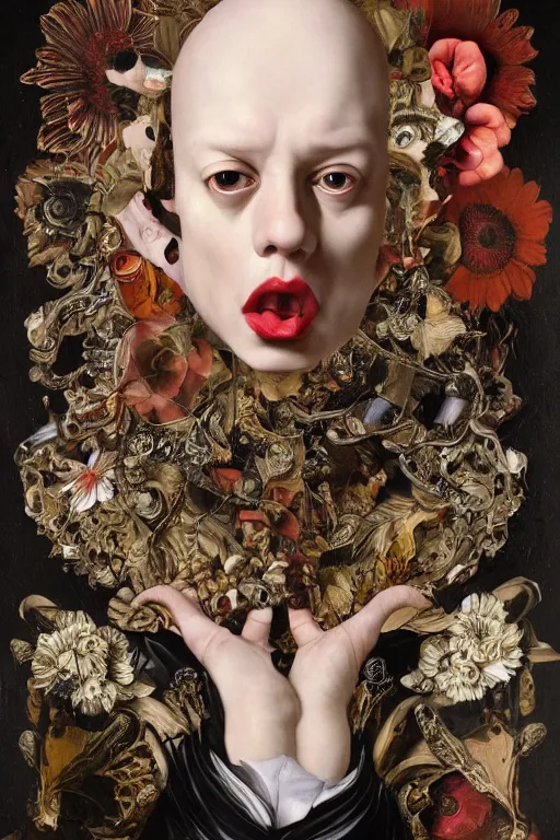 Image similar to Detailed maximalist portrait with large lips and with large white eyes, angry, exasperated expression, extra fleshy hands, high fashion, botany, HD mixed media, 3D collage, highly detailed and intricate, surreal illustration in the style of Caravaggio, dark art, baroque