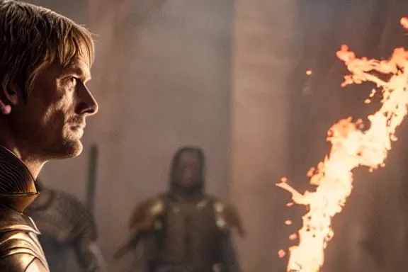 Image similar to very very intricate photorealistic photo of jaime lannister fighting cersei, photo is in focus with detailed atmospheric lighting, award - winning details