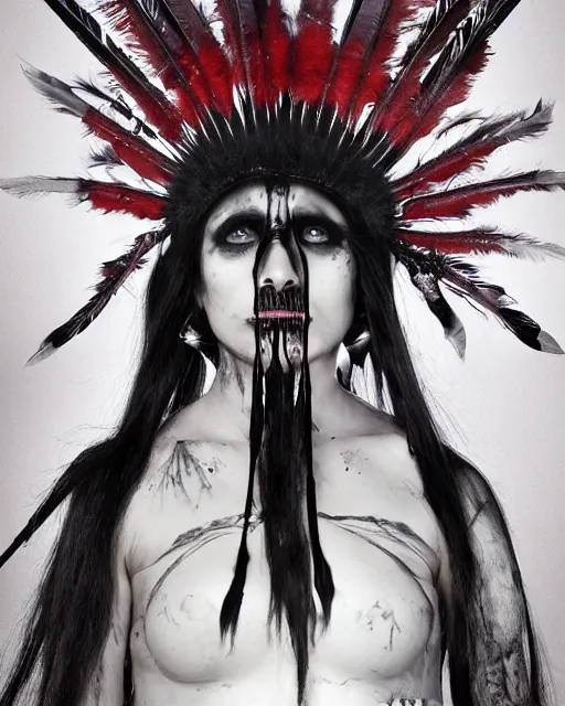 Image similar to lady native sisters ghost - spirit of the grim - warpaint wears the scarlet skull armor and native blood headdress feathers, midnight fog - mist!, cinematic lighting, various refining methods, micro macro autofocus, ultra definition, award winning photo, photograph by ghostwave - gammell - giger - shadowlord