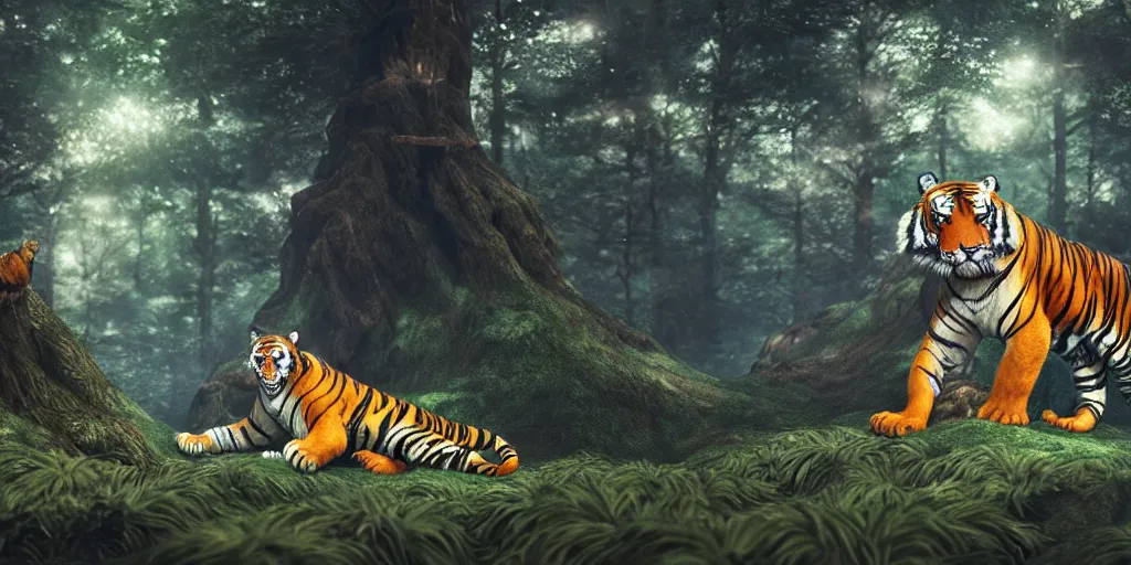 Prompt: award winning tiger, buried inside an enchanted forest, prism highlights, depth of field, cinematic, concept art, art station, digital painting, elegant, epic, focus, octane render, v-ray, 8k, C4D, art by Katsushika Hokusai