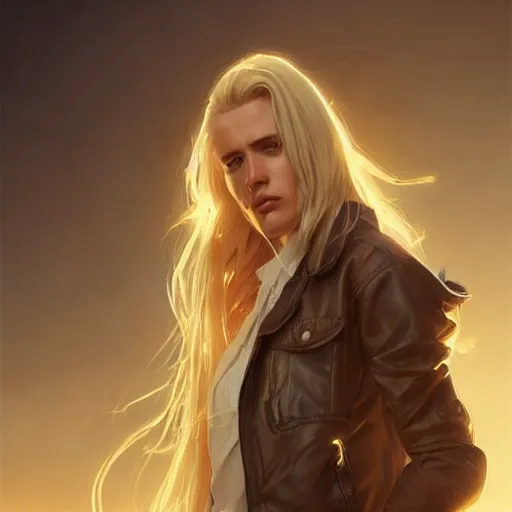 Image similar to hot looking blonde wearing jacket, light stubble, digital art, photorealistoc, art by greg rutkowski, hyperdetailed, western comic style, comic, comic style, sharp lineart, professional lighting, deviantart, artstation, trevor henderson, rossdtaws, cinematic, dramatic