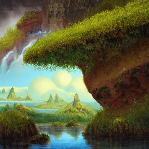 Prompt: painting of a lush natural scene on an alien planet by igor grabar. beautiful landscape. weird vegetation. cliffs and water.