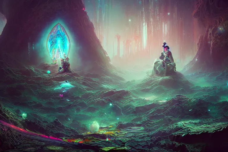 Prompt: a psychedelic realm at the edge of existence where intensely creative astral beings exist, another realm is starting to bleed through into their world, in the style of wlop, illustration, epic, fantasy, hyper detailed, smooth, unreal engine, sharp focus, ray tracing