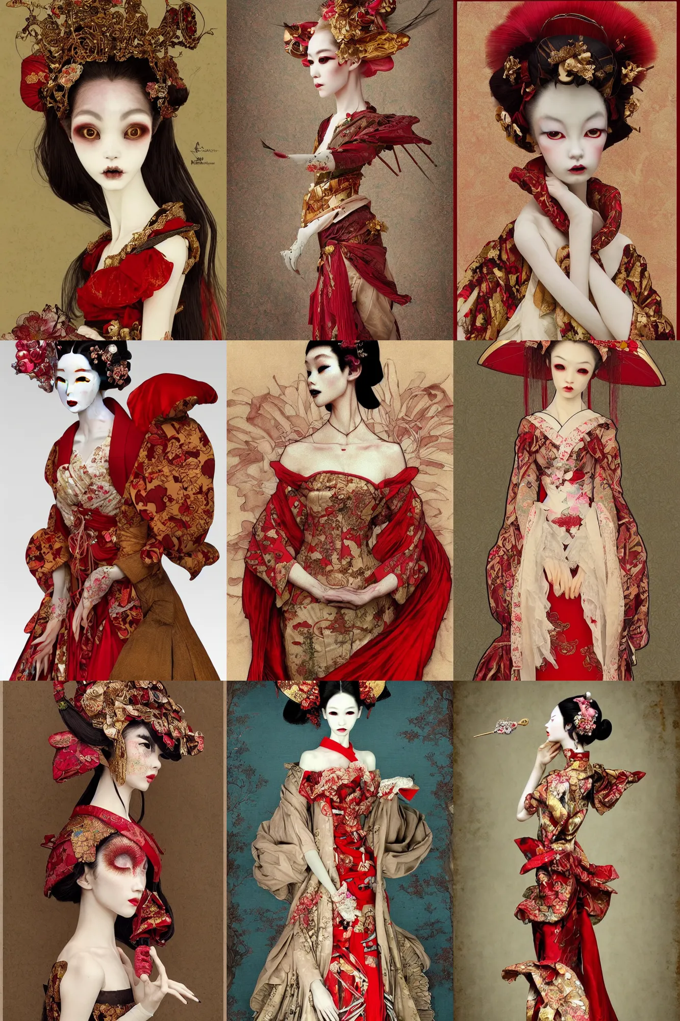 Prompt: epic avant - garde vogue fashion portrait of an emaciated japanese bjd geisha queen with a long neck in a victorian lolitafashion red dress painted by nekro, alphonse mucha, dark - fantasy, intricate detail, artstation, artgerm, rococo, gold leaf art