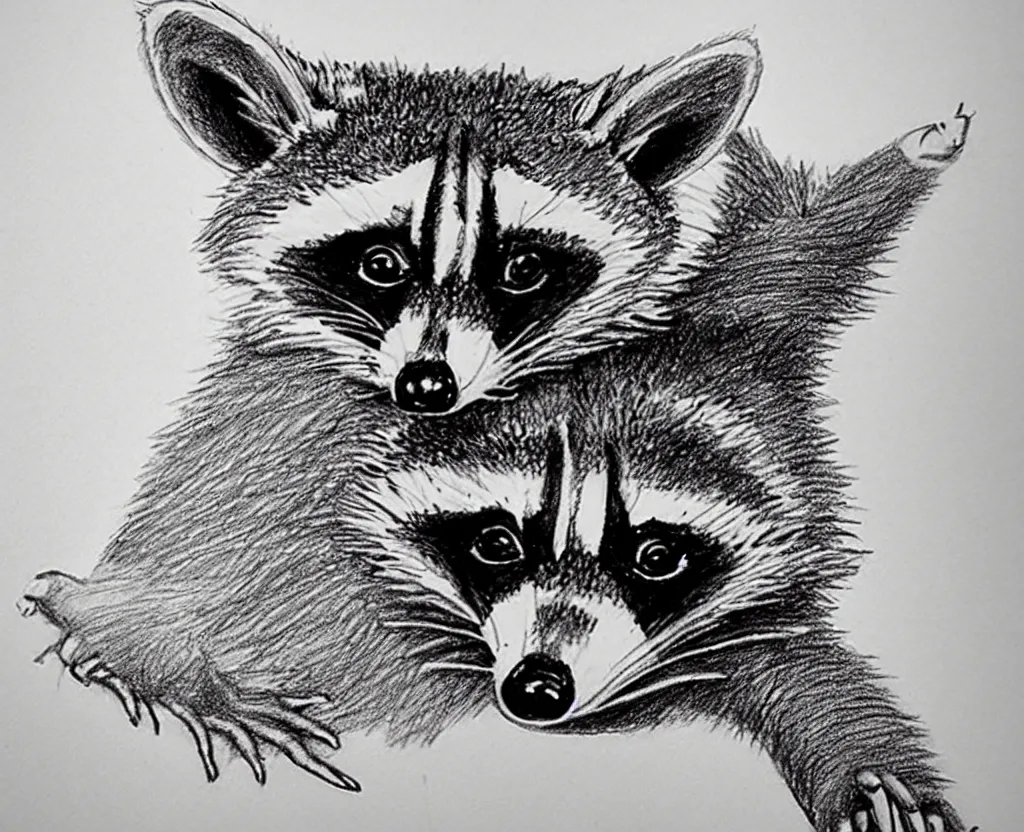 Image similar to detailed pencil sketch of a raccoon holding up and looking at a starfish, children's book