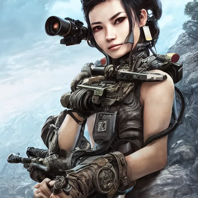 Image similar to the photorealistic portrait of lawful neutral female futuristic marine sniper as absurdly beautiful, gorgeous, elegant, young gravure idol, an ultrafine hyperdetailed illustration by kim jung gi, irakli nadar, intricate linework, bright colors, octopath traveler, final fantasy, unreal engine 5 highly rendered, global illumination, radiant light, detailed and intricate environment