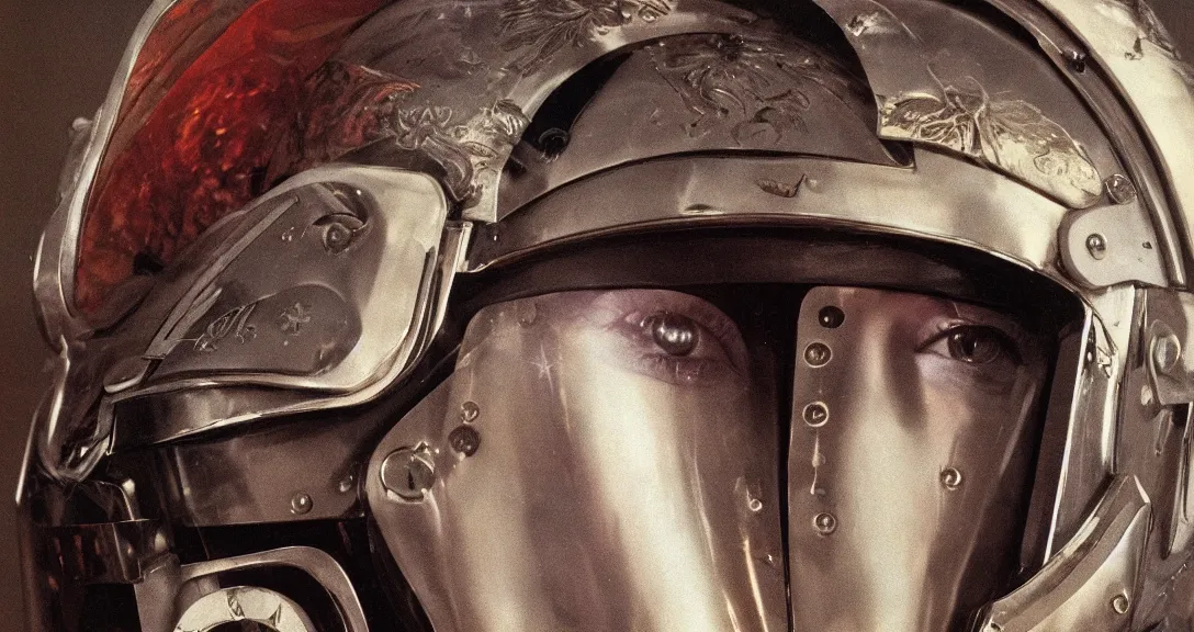 Image similar to beautiful extreme closeup portrait photo in style of frontiers in helmet Helmets of Emperor Charles V the Wise science fashion magazine September retrofuturism edition, highly detailed, soft lighting