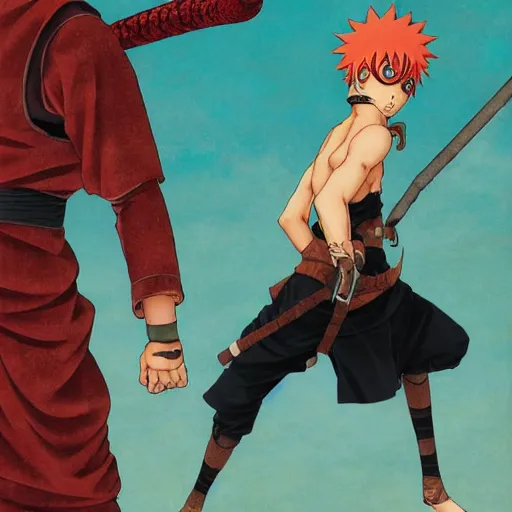 Image similar to Gaara Narutopunk Oni Shinobi at the gates of Tartarus Sand Crest Ninja Warrior Portrait Portrait Wearing Red Ninja-Yoroi norman rockwell uta natsume inio asano naoko takeuchi shotaro ishinomori katsuhiro otomo steve ellis tony szczudlo Ryan Gitter Ilya Repin Final Fantasy Cover Art