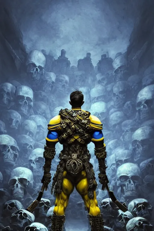 Image similar to a distant shot from behind of a Ukrainian super soldier with blue and yellow flag behind him standing alone on a huge pile of skulls as a winner, masculine muscular figure, D&D, fantasy, intricate, elegant, highly detailed, extremely detailed, digital painting, artstation, concept art, matte, smooth, sharp focus, illustration, art by Artgerm and Greg Rutkowski and Alphonse Mucha