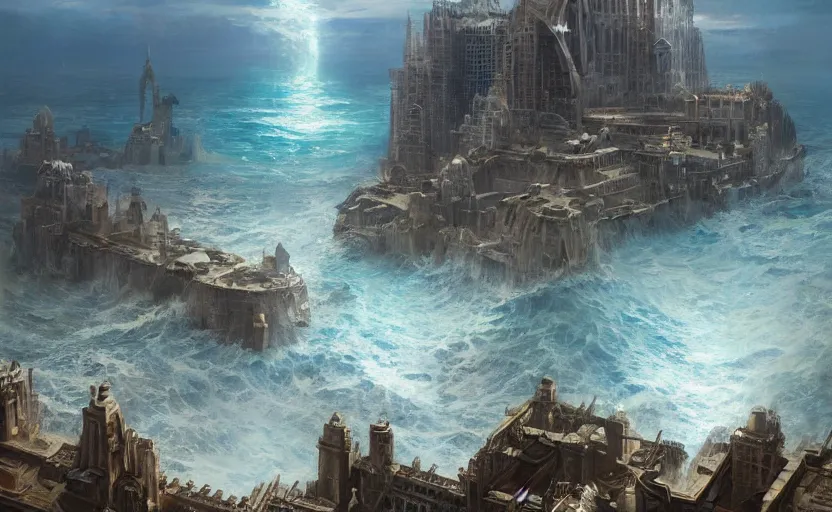 Prompt: The city of atlantis rising from the ocean, a fantasy digital painting by Greg Rutkowski and James Gurney, trending on Artstation, highly detailed, high resolution