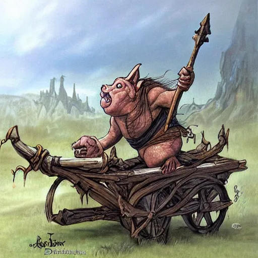 Image similar to painting of fat goblin riding in a slapdash wooden cart holding a lance, fantasy art, magic : the gathering art, by diterlizzi
