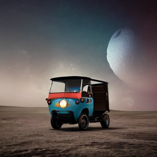 Prompt: a bajaj tuk tuk traveling on the surface of the moon, moon craters, night sky, milky way, hard lighting, matte painting, concept art, 4k