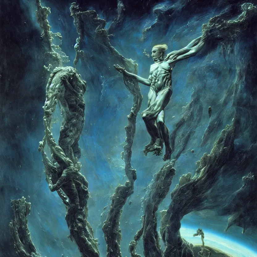 Image similar to still frame from Prometheus movie, succubus godess flying trought Pillars of Creation nebula by wayne barlowe by caravaggio by giger by malczewski, avantgarde 4k wallpaper