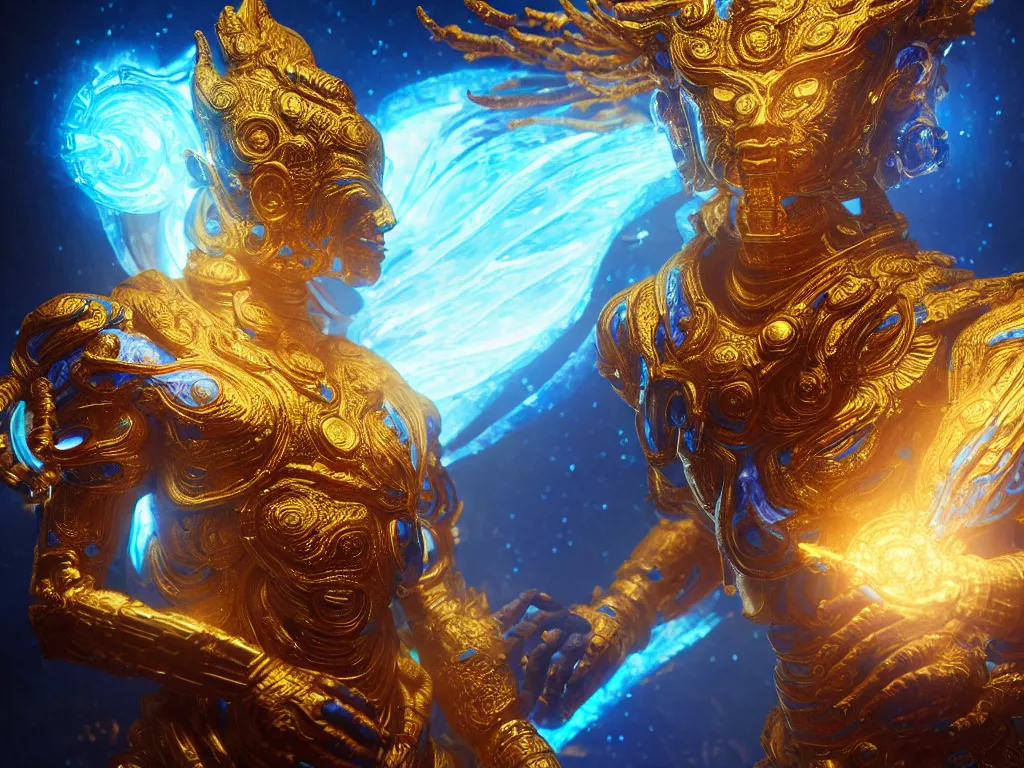 Prompt: translucent astral guardian, hindu blue thai god, golden hyperspace palace, wadim kashin, artgerm, xf iq 4, f / 1. 4, iso 2 0 0, 1 / 1 6 0 s, 8 k, raw, featured in artstation, octane render, cinematic, elegant, intricate, 8 k