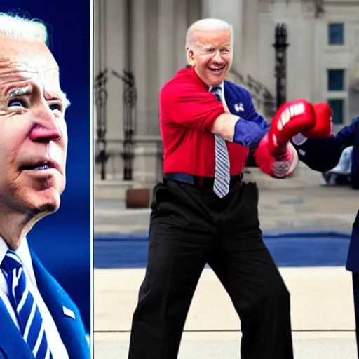 Prompt: joe biden dressed like captain america punching trump dressed like adolf hitler in the face