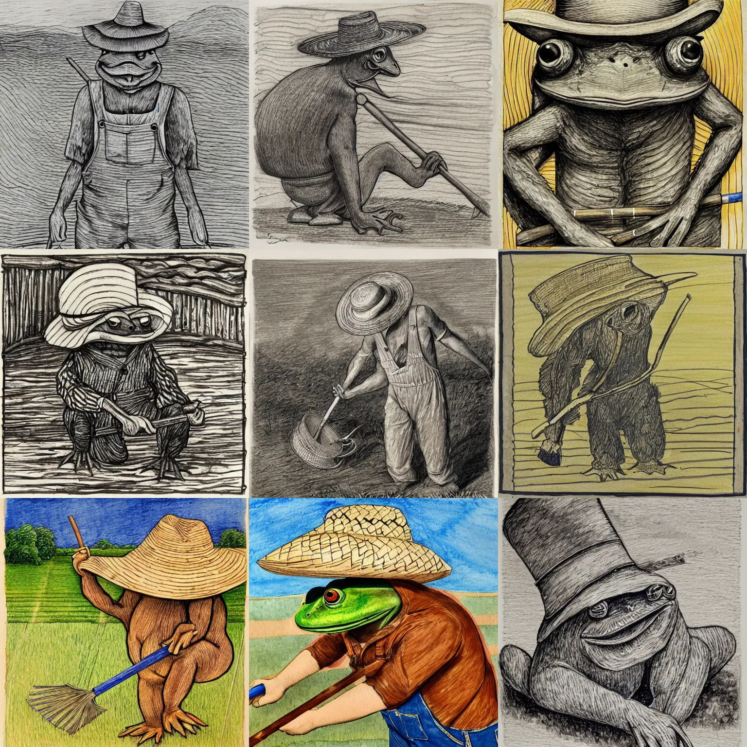 Prompt: horse - faced humanoid frog creature, wearing a straw hat and overalls, using a spade, golden hour, bucolic, expressive linework, crosshatching, grisaille, cobalt blue and ochre watercolor wash