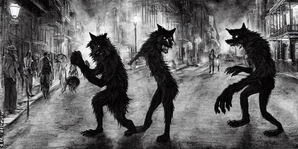 Prompt: a werewolf loose on the gaslit streets of New Orleans at night
