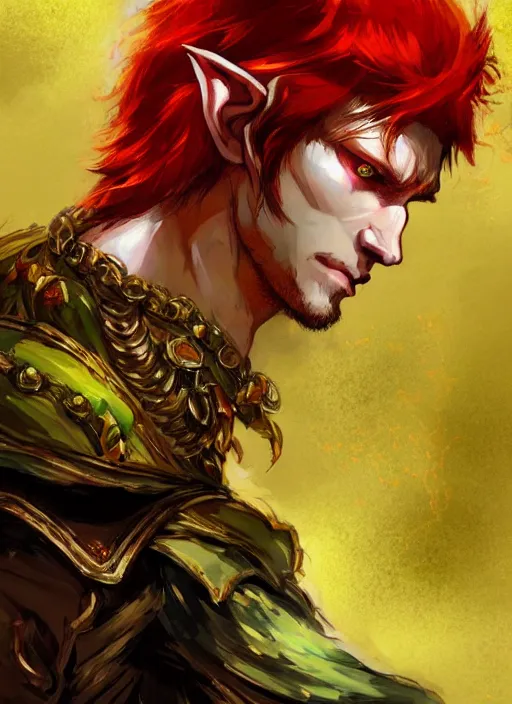 Image similar to Half body portrait of a handsome young red haired elven monk prince with dragon eyes, red, green and gold ornate robe. In style of Yoji Shinkawa and Hyung-tae Kim, trending on ArtStation, dark fantasy, great composition, concept art, highly detailed.