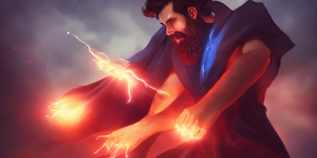 Prompt: a handsome brown hair bearded male sorcerer he is casting a blue and red spell, medium shot, waist up, light rays, epic composition, dynamic lighting, post processing, concept art, cinematic, trending on artstation