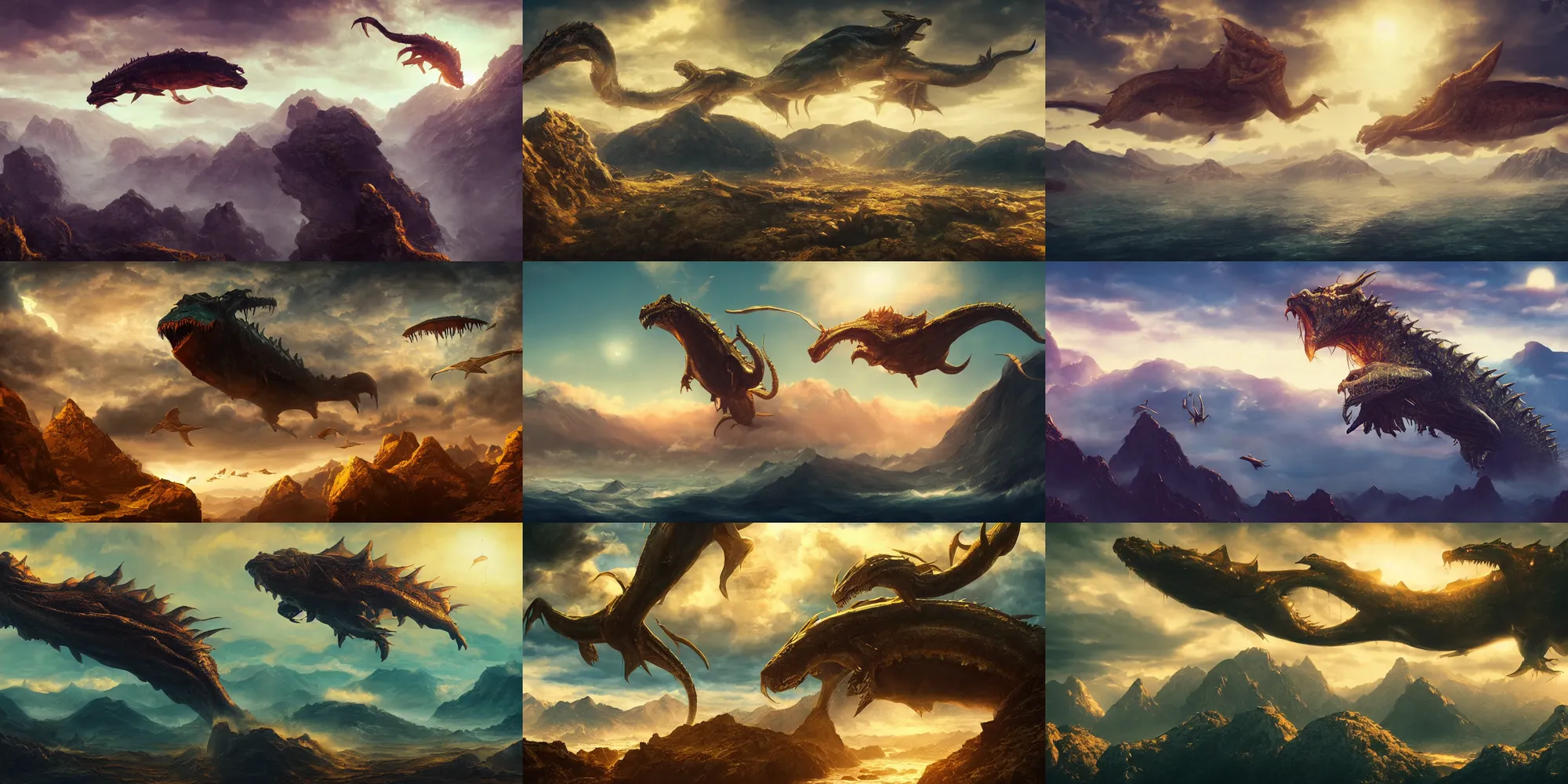 Prompt: a huge sea monster is flying high in the sky above the mountains, epic, surreal, cinematic shot, golden hour, artstation, deviantart, dreamy atmosphere, high definition