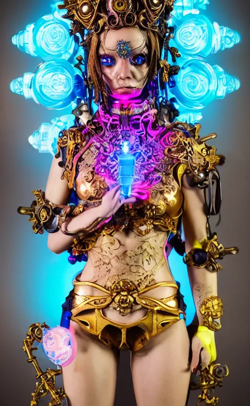 Image similar to a young beautiful angry latina ceramic and pink iron-plated android with a large glowing blue crystal in the center of her chest, full-body bronze cyberpunk style statue of Venus with glowing yellow laser eyes, crown of mechanical chrysanthemums, flowing aqua silk, fabric, steampunk flowers. baroque elements, human skull. full-length view. baroque element. intricate artwork by caravaggio. many flying horses on background. Trending on artstation, octane render, cinematic lighting from the right, hyper realism, octane render, 8k, depth of field, 3D