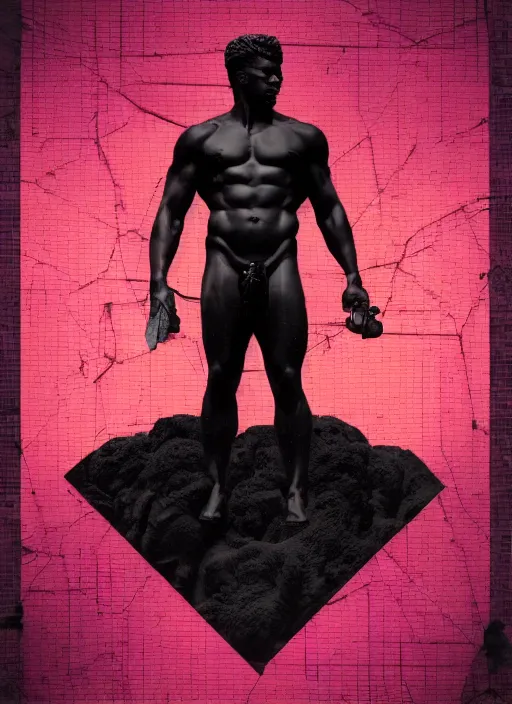 Image similar to black design poster showing a statue of hercules, black background with very subtle red and purple design elements, powerful, nekro, vito acconci, thin straight lines, dark, glitch art, neo vaporwave, gritty, layout frame, square, trending on artstation