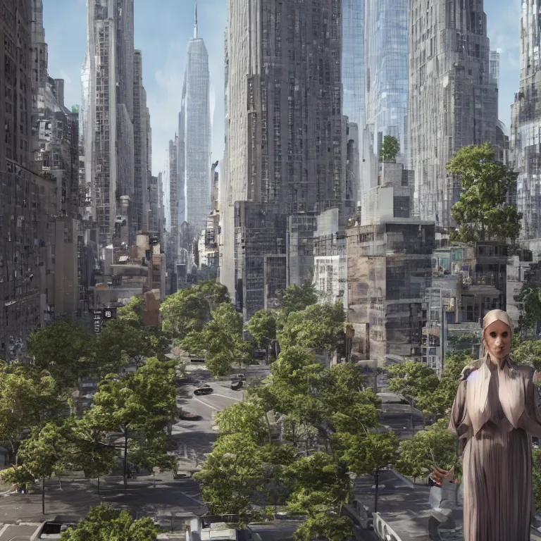 Prompt: octane render portrait by wayne barlow and carlo crivelli and glenn fabry, a perfect beautiful utopian futuristic walkable new york city neighborhood with trees and plants and beautiful architecture and happy futuristic cool new yorkers, cinema 4 d, ray traced lighting, very short depth of field, bokeh