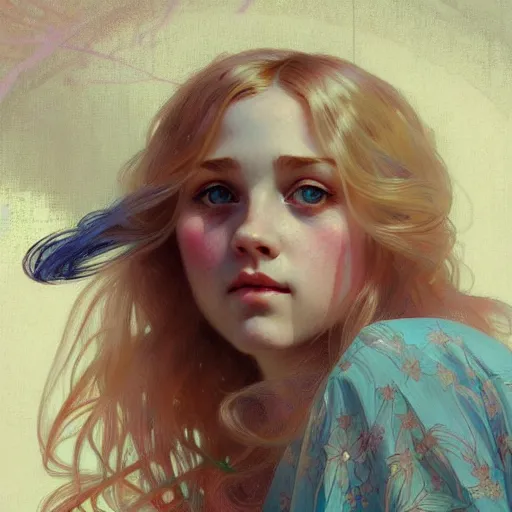 Image similar to Portrait of a young girl on a wooden swing, long blonde hair and sparkling blue eyes, face, vintage, retro, detailed, intricate, digital painting, artstation, concept art, smooth, sharp focus, illustration, art by Krenz Cushart and Artem Demura and alphonse mucha