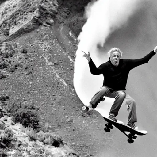 Image similar to gary busey doing a sweet skateboard trick off the lip of a volcano, movie still