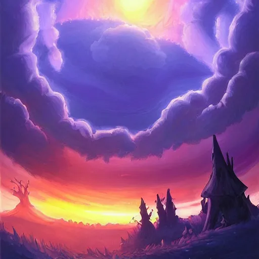 Prompt: painting of black mage!!!!!!! from final fantasy 9!!!!!, watching a purple and orange sunset!!, from the black mage cemetery!!!, in the style of justin gerard!!!!, pine trees, hilltop