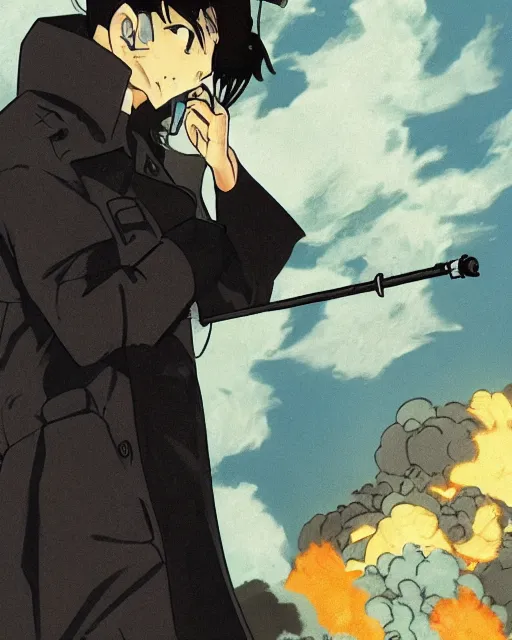 Image similar to a fox in a black trench - coat, smoking a cigarette in front of a huge explosion in the middle of a war, style of anime