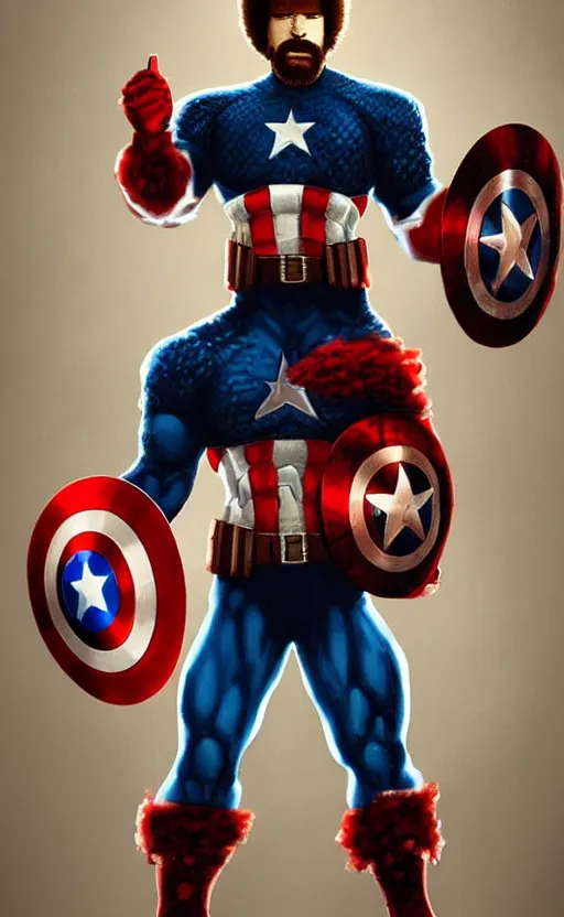 Image similar to bob ross as captain america, dynamic lighting, cinematic, ultra detailed, trending on art station, stunning visuals, creative, fantasy concept art