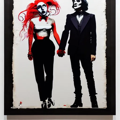 Image similar to richard hamilton and mimmo rottela and banksy as joaquin phoenix skinny joker holding hand lady gaga harley queen, ultra photorealistic, intricate details, pop art style, baroque, hyperdetailed, concept art, ultrarealistic, 3 colors, smooth, sharp focus