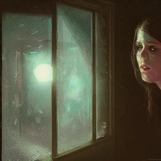Prompt: green eyes looking through the window in darkness, horror, by greg rutkowski, wlop and lisa frank, illustration, fantasy, hyper detailed, unreal engine, sharp focus, ray tracing