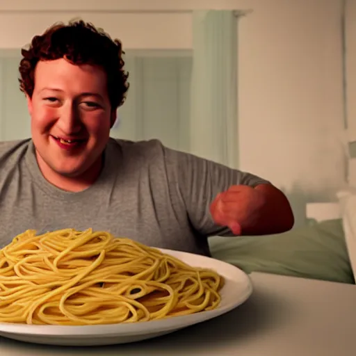 Image similar to fat mark zuckerberg sitting in bed eating spaghetti