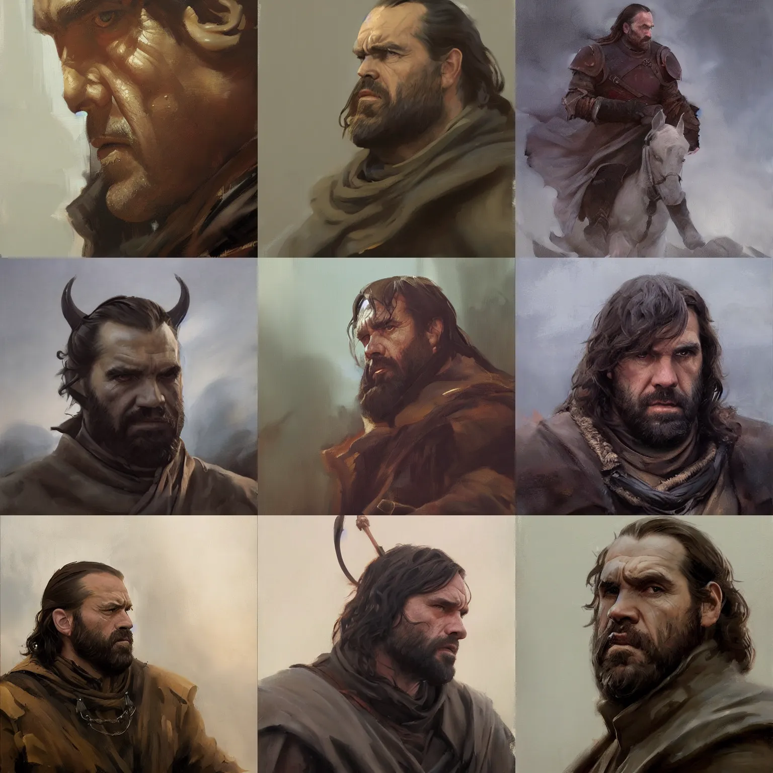 Prompt: greg manchess portrait painting of the hound from game of thrones, medium shot, asymmetrical, profile picture,, foggy day, matte painting, bold shapes, hard edges, by huang guangjian and gil elvgren and sachin teng