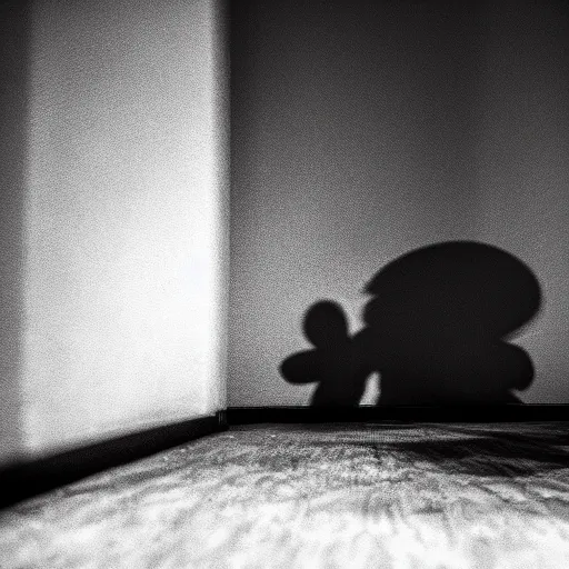 Prompt: A monster is hiding under your bed, dark ambiance, shadows, film grain.
