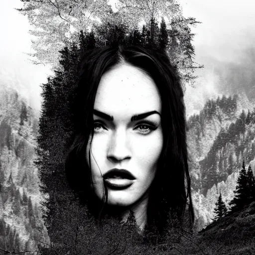 Prompt: double - exposure effect of megan fox face in beautiful mountains, in the style of dan mountford, amazing detail, black and white