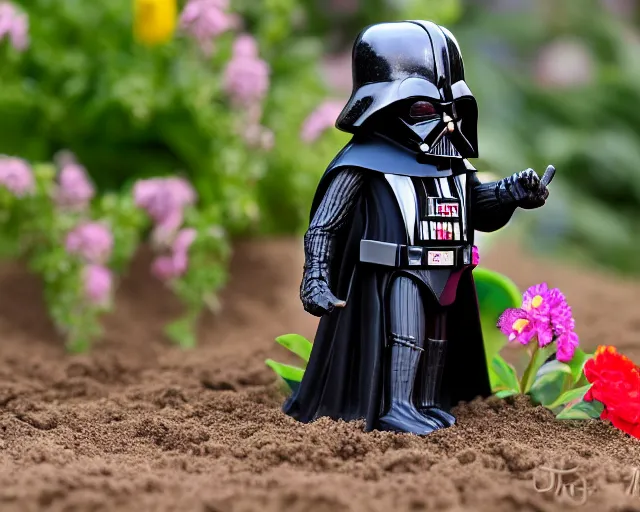 Image similar to 8 5 mm photography of darth vader playing with toys near a garden with sand with dof and bokeh and flowers