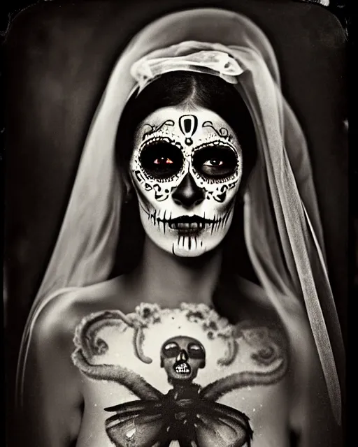 Image similar to tintype veiled woman dressed in dia de muertos makeup high quality photo, microchip, artificial intelligence, bio - mechanical bio - luminescence, black wired cables, neurons, nerve cells, cinematic, rim light, photo - realistic, high detail, 8 k, masterpiece, high fashion, in the style of steven meisel dora maar h. g. giger