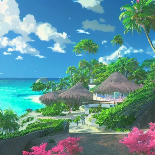 Image similar to a beautiful graphic contour outline render of a dreamy tropical anime island paradise by makoto shinkai, pink accents, soft details, graphic art