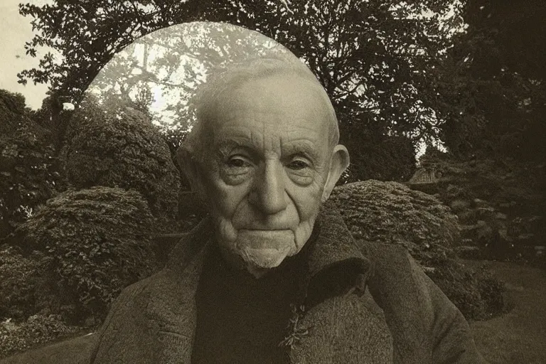 Prompt: “Photo by Robert ParkeHarrison. Close-up of an old man in a garden with flying trees. The dark sky is torn open like a paper and bright light shines through it.”