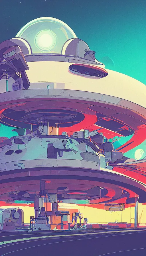 Image similar to spaceship fuel station, sharp focus, james gilleard, moebius, print, risograph, cinematic, game art